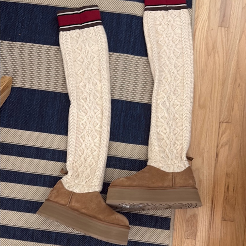 UGG Cream Cable Knit Over-the-Knee Socks with Red Stripe